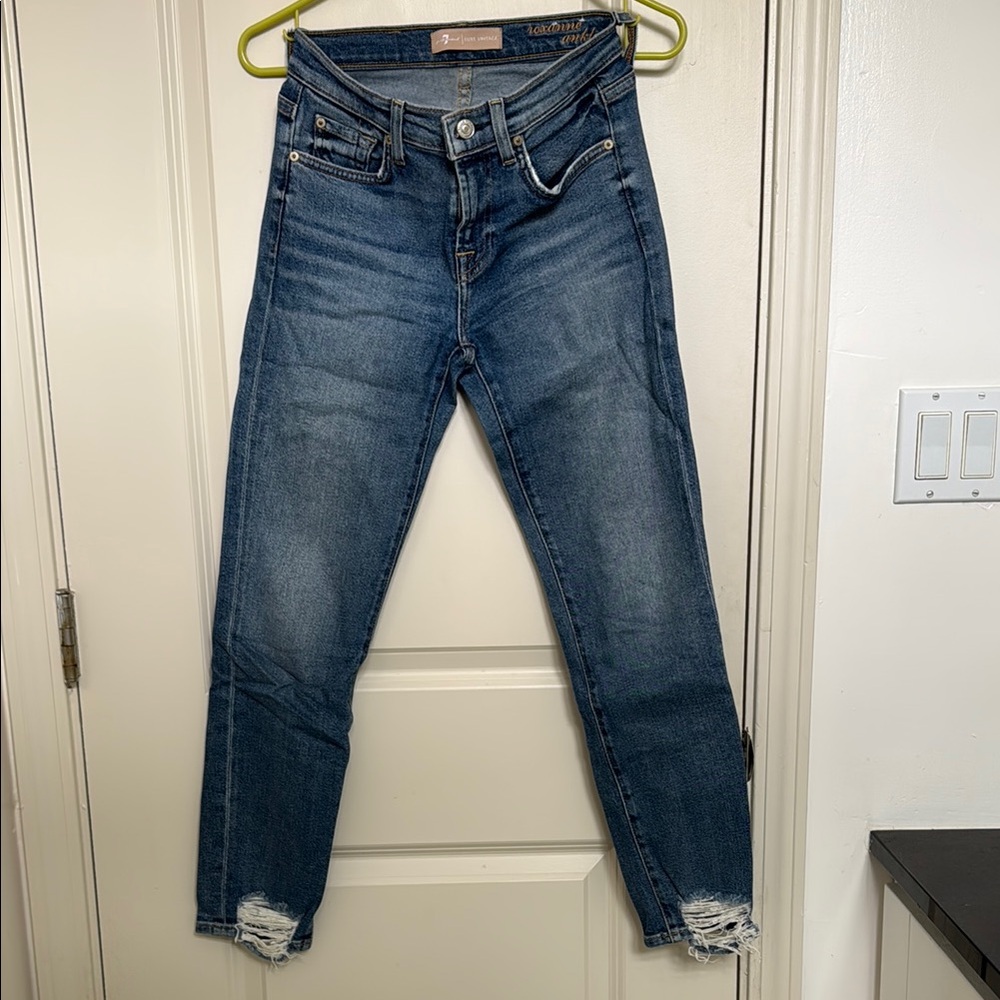 7 For All Mankind Blue Cropped Jeans with Distressed Hem